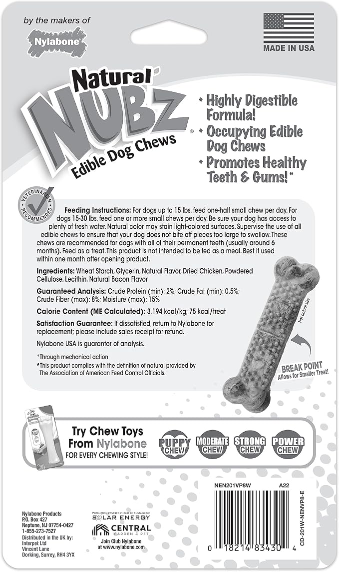 Nylabone Nubz Natural Dog Chew Treats for Small Dogs, Long Lasting Dog Chew Bones Made in USA, Chicken Flavor Breath Freshener Dental Chews, Small Dog Bones for Dogs Up to 25 lbs. (8 Count)