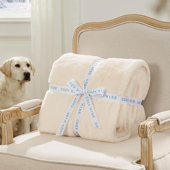 COZY KISS Luxury Faux Fur Throw Blanket Twin, Ultra Soft Waterproof Pet Blanket, Cozy Warm Plush Blanket for Bed Sofa Bedroom Living Room, Liquid Pee Proof for Large Dog or Cat, 60x80 inch, Cream