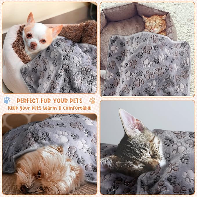 Tatuo 4 Pack Fleece Dog Blankets for Puppy Cats Multi-Size Sleep Mat for Pet Guinea Pig Soft Washable Warm Crate Bed Puppy Teething Toys Print Pattern Blanket Indoor(Gray,30 x 20.5 Inch,Paw)