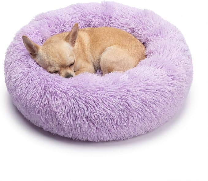 Tiny Dog Bed 15 Inch for Extra Small Dogs,Washable Puppy Bed,Soft Faux Fur Calming Donut Bed for Chihuahua Yorkie Maltese Pomeranian,Purple and White