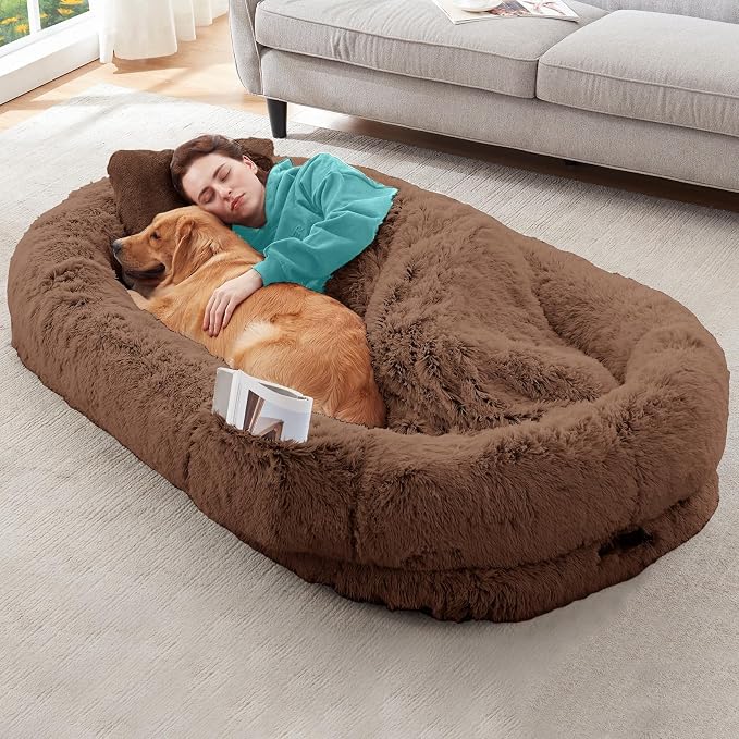 YAEM Human Dog Bed for Adult and Pets - 71"x45"x12" Dogs Beds for Humans with Washable Faux Fur Cover, Plump Pillow, Blanket, Orthopedic Design, Strap-Coffee