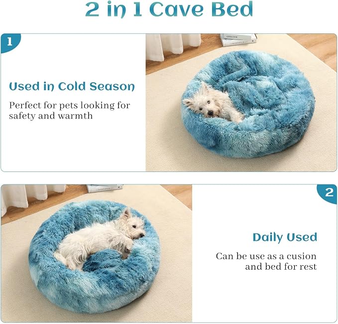 Calming Donut Dog Bed with Hooded Blanket – Plush Fluffy Cave Bed for Small & Medium Dogs, Machine Washable Anti-Anxiety Pet Bed for Cats