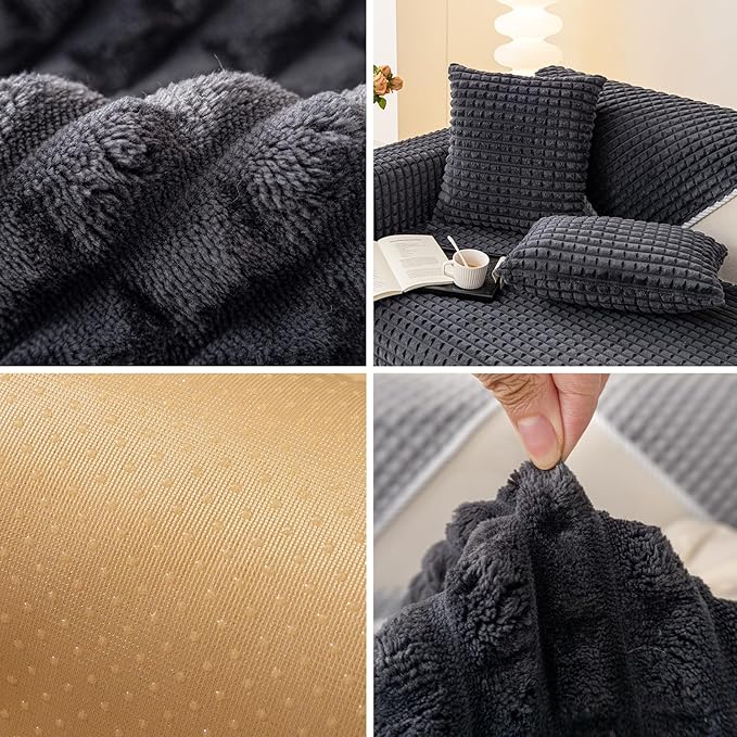 Velvet Couch Cover Sectional, Funny Fuzzy Pet Couch Covers for Backrest, Plush Warm Sofa Covers for Pets Washable, Non-slip Couchs Cover for Pets & Kids(1PC, Dark Grey, 35.4"×35.4", Single Seater)