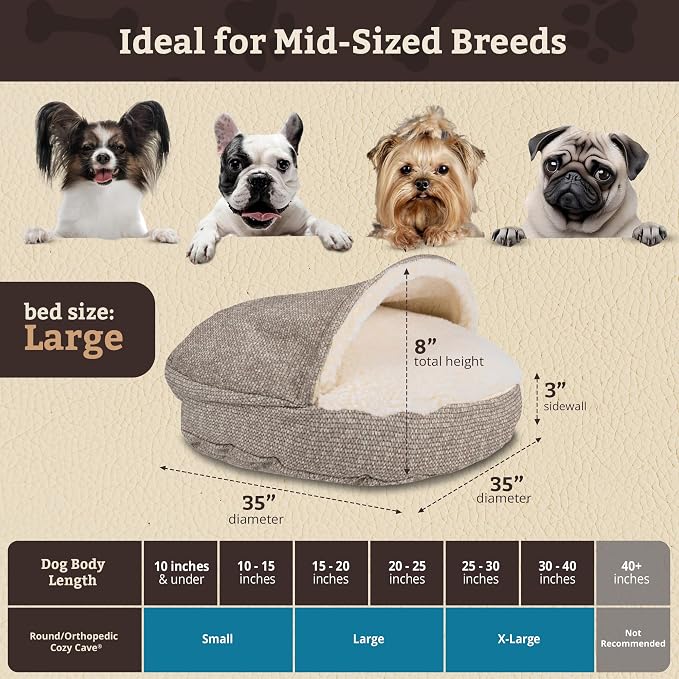 Snoozer Cozy Cave Dog Bed - Indoor Dog Bed with Cover Cave, Covered Calming Burrow for Small & Medium Sized Pets with Blanket Attached, Enclosed, Removable Washable Cover - Large, Merlin Linen
