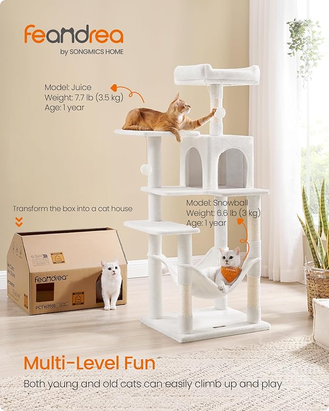 Feandrea Cat Tree, 54.2-Inch Cat Tower, Plush Multi-Level Condo with 4 Scratching Posts, 2 Perches, Hammock, Cave, Cream White UPCT161T01