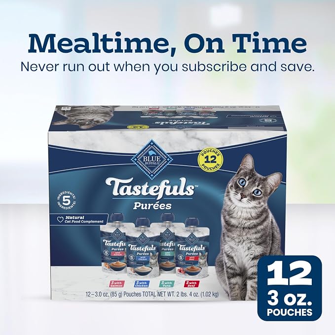 Blue Buffalo Tastefuls Purées Variety Pack Wet Cat Food Complement (Salmon, Chicken, Tuna, Beef) Made with Natural Ingredients, for All Life Stages, 3-oz. Resealable Pouches (12 Count)