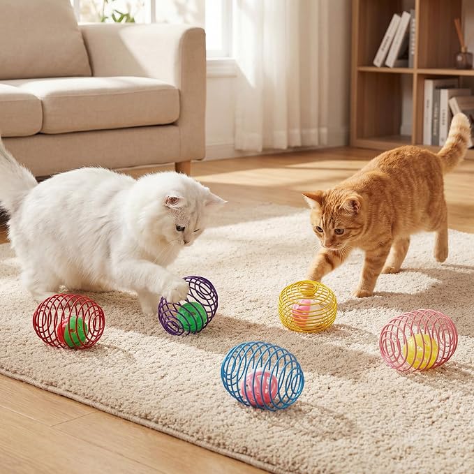 Jecery 5 Pcs Cat Spring Toys Stretchable Rolling Balls Colorful Playful Coils Interactive Action Toy Caged Rats for Kitten Pet Supplies (Bell Ball,Multicolor)
