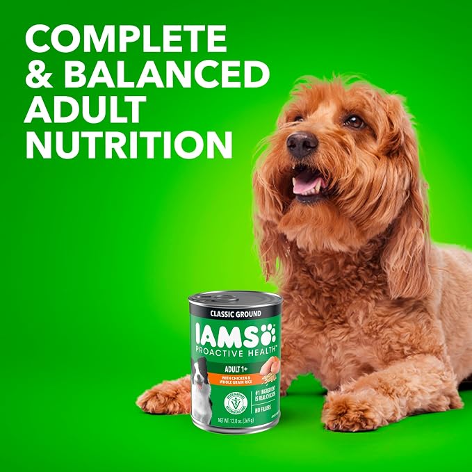 IAMS Proactive Health Wet Dog Food, Adult Wet Dog Food Multipack Ground Dinner, with Chicken & Whole Grain Rice, 13 oz. Cans (Pack of 6)