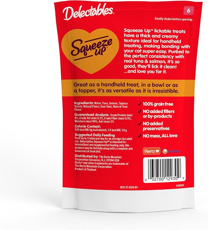Delectables Squeeze Up Creamy Squeezable Puree, Lickable Wet Cat Treats, Grain Free, No Added Fillers, No By-Products, No Added Preservatives, 0.5 Ounces Tuna & Salmon, 32 Tubes Total