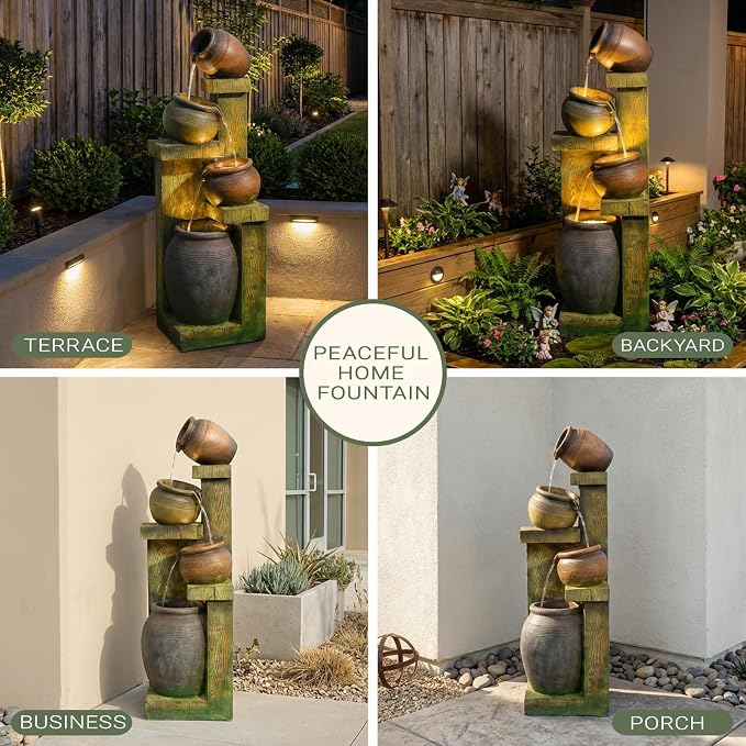 Outdoor Water Fountain with LED Lights, 4-Tier Cascading Waterfall Fountain, Rustic Wood Barrel Resin Outdoor Water Fountain for Garden Patio Backyard Porch Indoor Decor, 36.6" H