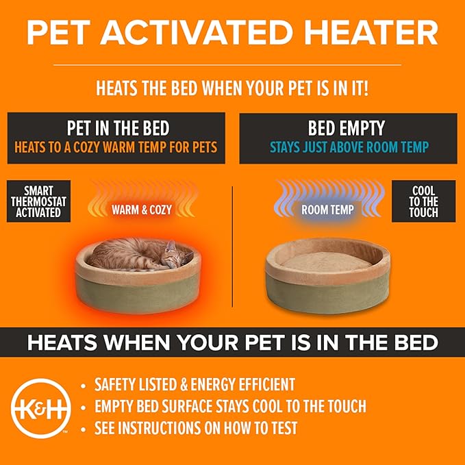 K&H Pet Products Thermo-Kitty Bed Heated Cat Beds for Large Indoor Cats & Dogs, Calming Warming Pillow Pet Bed, Machine Washable, Removable Heater, Safety Listed - Large 20" Round Sage/Tan