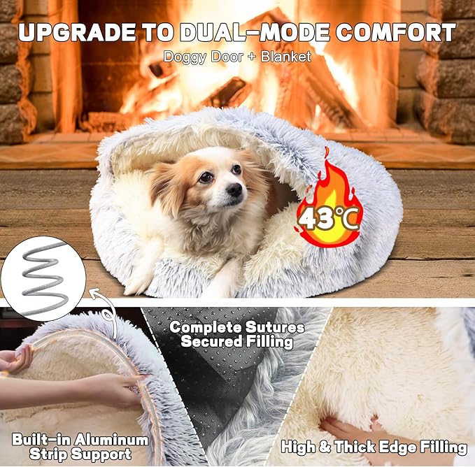 Calming Dog Bed Fluffy Plush Pet Bed Under 35 Pound，Large Cave Bed Washable Non-Slip Cat Nest Pod Windproof，Cozy Indoor Cave for Kitten Dog Non-Slip Bottom (L-31.5in)