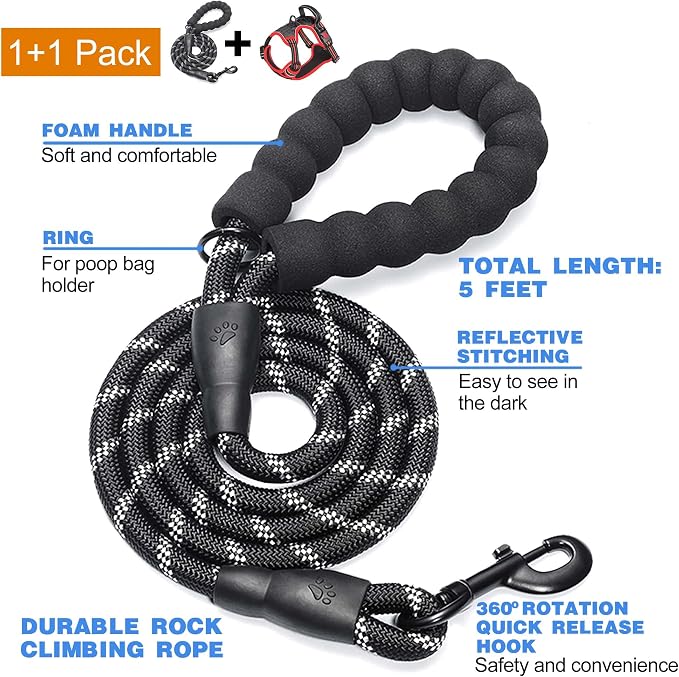 tobeDRI No Pull Harness Adjustable Reflective Oxford Easy Control Medium Large Dogs with A Free Heavy Duty 5ft Leash Black/Red Harness+Leash (E-DH F 004)