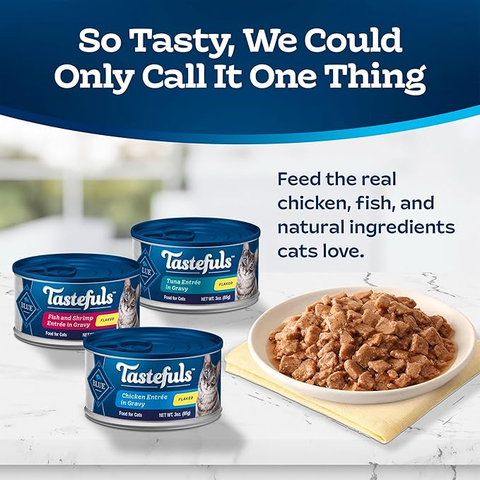 Blue Buffalo Tastefuls Flaked Adult Wet Cat Food Variety Pack (Tuna, Chicken, Fish & Shrimp), Natural Ingredients Enhanced with Vitamins, Minerals & Other Nutrients, 3-oz. Each (12 Cans)