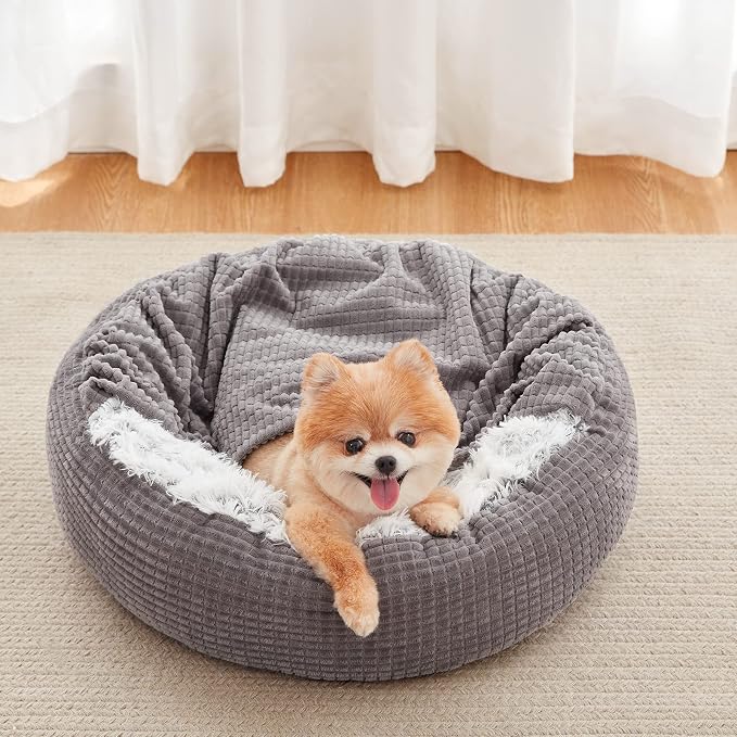 MIXJOY Small Dog Bed Cat Bed with Blanket Attached, Round Hooded Cozy Dog Cave Beds for Small Dogs, Soft Plush Cuddler Puppy Pet Bed, Anti-Slip Bottom, 23inch