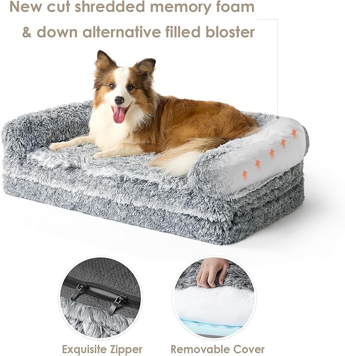 EHEYCIGA Foldable XL Dog Bed, 46"x34"x6.5" Faux Fur Fluffy Pet Couch Bed for Large Dogs, Orthopedic Calming Memory Foam Big Pet Bed, Washable Soft Pet Sofa Bed with Non-Slip Bottom, Grey