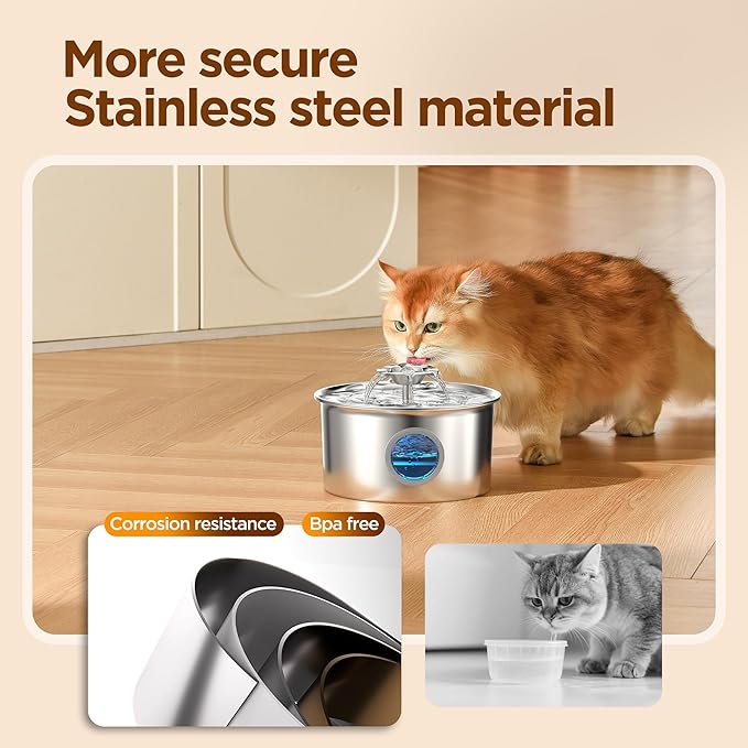 Cat Water Fountain Stainless Steel: Pet Drinking Fountains with 6 Filters & 3 Sponges - 88oz/2.6L Water Fountain for Cats Inside with Flower - IHOUONE Kitty Spout Dog Dispenser Animal Supplies