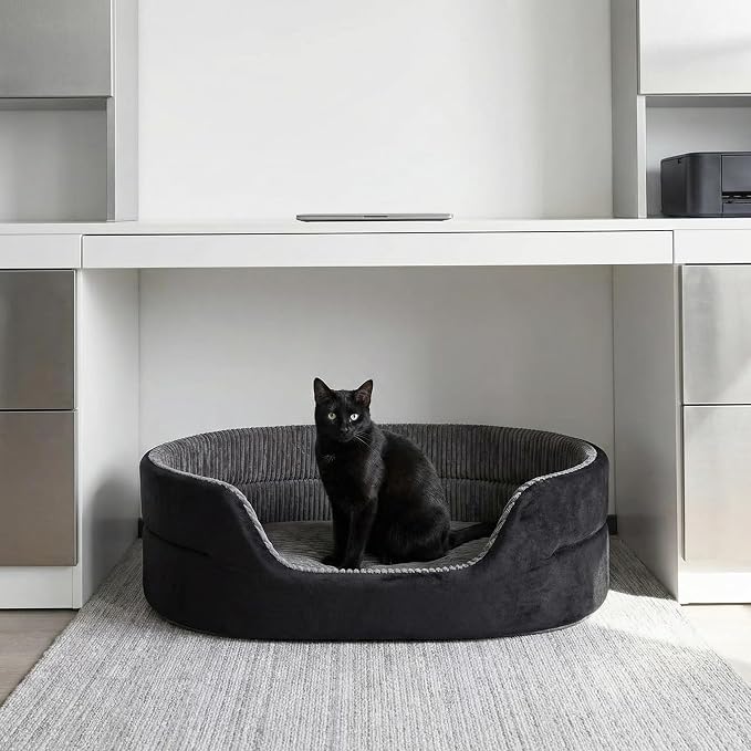 Small Dog Bed Cat Bed 16x20 Inch, Calming Pet Bed for Dogs & Cats, Machine Washable Dog Bed, Half-Enclosed Open-Top Velvet Anti-Anxiety Bed, Cozy Snuggle Bed (Black)