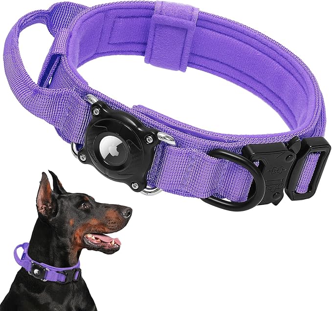 Tactical AirTag Dog Collar with Waterproof Holder(1st/2nd Generation) | Military-Grade Adjustable Collar, Comfortable Control Handle & Metal Buckle for Medium Dogs，Smart QR ID tag (Purple, M)