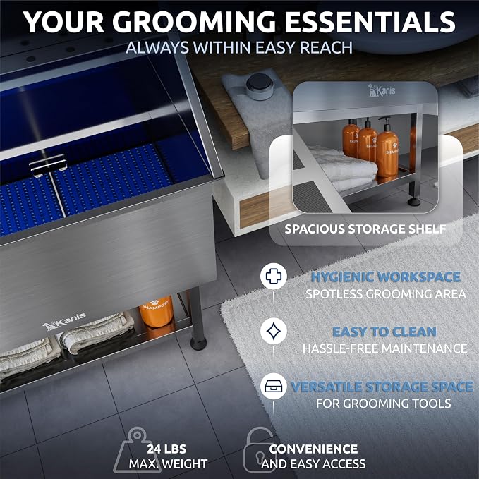 KANIS Professional Dog Washing Station 304 Stainless Steel Pet Wash Sink & Grooming Bathtub w/Shower, Floor Grates and Storage for Large, Medium & Small Pets (Silver, 50 Inches, Left Ramp, Shelf)