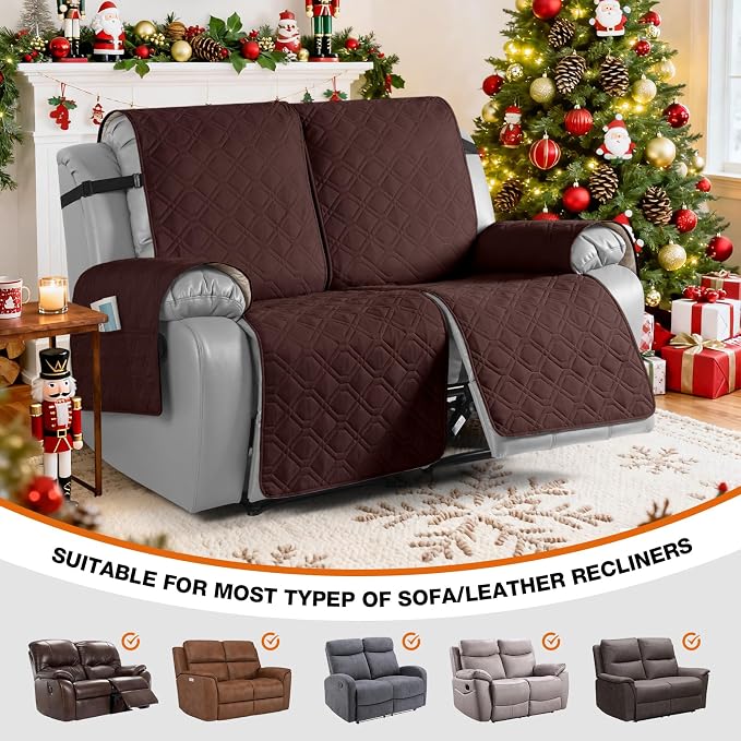 VANSOFY Waterproof Recliner Couch Covers, Sofa Covers 1-Piece Washable Reclining Sofa Cover Non-Slip Furniture Protector with Elastic Straps Pocket for Dogs, Pets(Coffee,2 Seater)