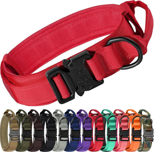 Joytale Tactical Dog Collar with Handle and Metal Buckle, Heavy Duty Padded Military Collar with 2 Patches for Training, Adjustable for Large Dogs, Red, L