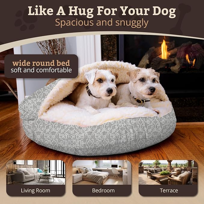 Snoozer Cozy Cave Dog Bed - Indoor Dog Bed with Cover Cave, Covered Calming Burrow for Small Sized Pets with Blanket Attached, Enclosed, Removable Washable Cover - Small, Ramey Gray