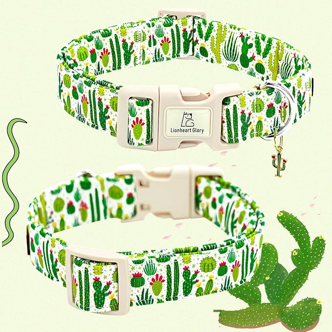 Lionheart glory Dog Collar Green Cactus Print Collar for Small Dogs Spring Summer Female or Male Collars Pets Gift Adjustable Heavy-Duty Cute Pet Collars