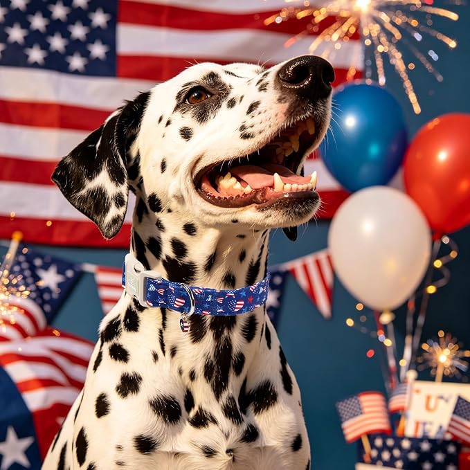 Maca Bates 4th of July Dog Collar with Patriotic Heart Charm for Extra Large Girl Boy Dogs, American Flag Pattern,Pretty Adjustable Durable Collars Blue Independence Day Gift for Male Female Puppy