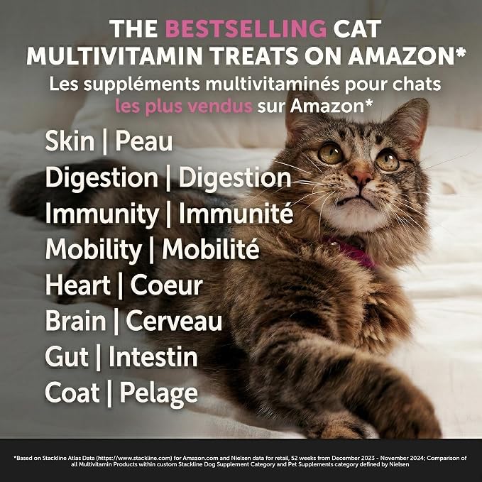 Cat Multivitamin Chews - Cat Treats for Health + Immune, Joint Support, Skin & Coat, and Digestion - Omega 3s, Lysine & Probiotics for Cats, Vitamins for Cats - Chicken (90-Day Supply)