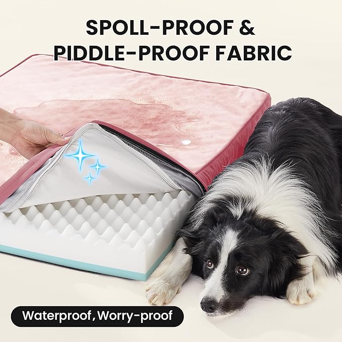 OhGeni Orthopedic Waterproof Dog Bed for Medium Large Dogs, Machine-Washable Removable Cover in Easy-Clean Fabric, Reversible Memory Foam & Easy-Carry Handle, Suitable for Crate, 35 inch (Pink)