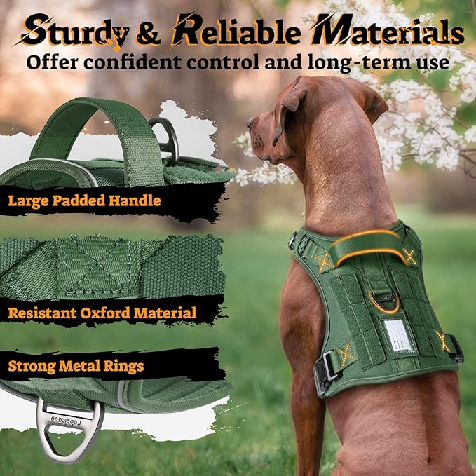 rabbitgoo Tactical Dog Harness for Large Dogs No Pull Adjustable Military Vest with Handle MOLLE Reflective Heavy Duty Dog Vest for Walking Training Hunting Outdoor Working Medium Size Dog Green L