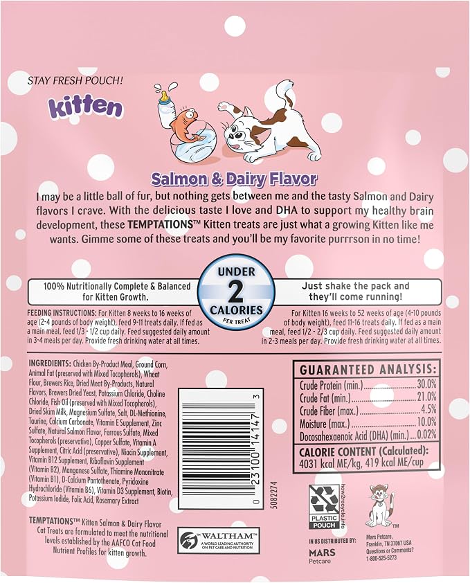 Temptations Kitten Treats Classic Crunchy and Soft Cat Treats, Dairy Flavor, 6.3 oz. Pouch (Pack of 10)