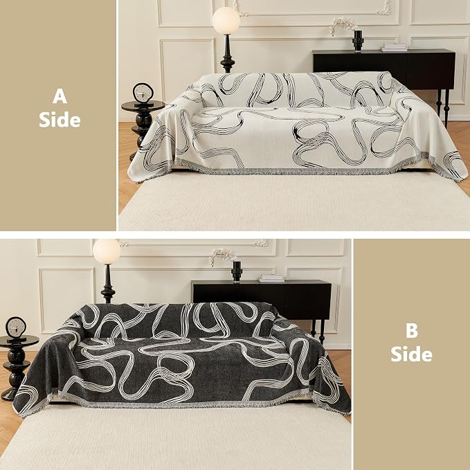 MEETSKY Boho Couch Cover Sofa Covers, Chenille Black Line Couch Covers for 2 Cushion Couch Sofa for Dogs, Washable Slipcover for Cat Sofa Protector with Tassels,71" x 118"