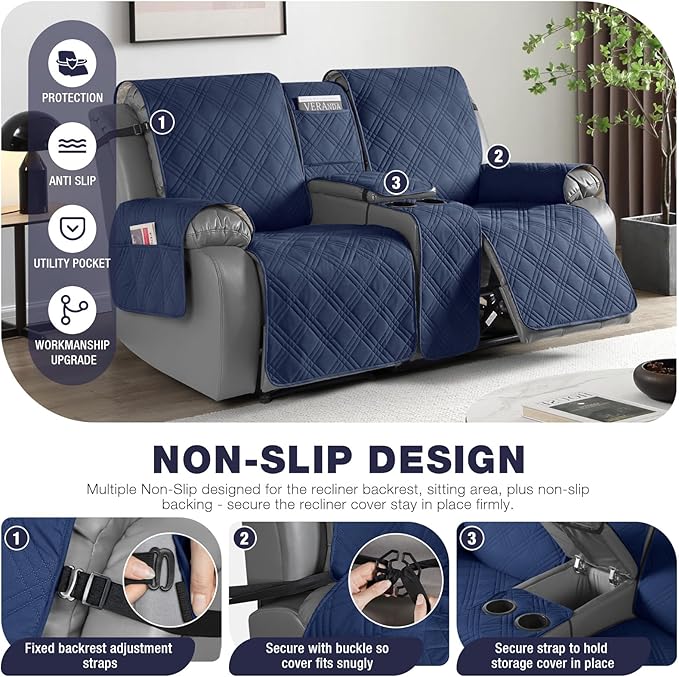 TAOCOCO Waterproof Loveseat Recliner Cover with Console, Non-Slip Reclining Loveseat with Console Cover with Pocket, Split Recliner Sofa Covers Furniture Protector for Pets Dogs(2 Seater, Navy Blue)