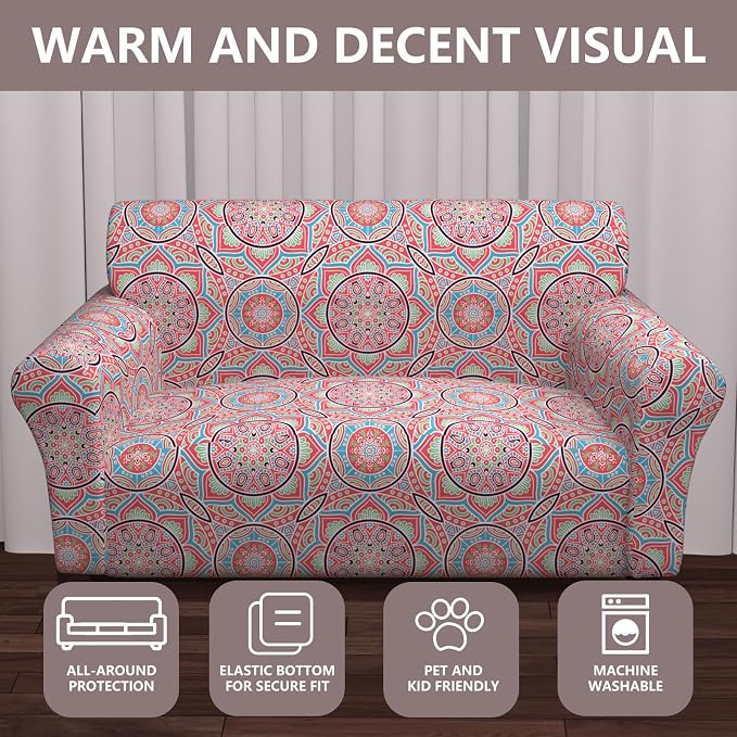 Stretch Couch Covers for 2 Separate Cushion Couch Sofa - Floral Printed Couch Sofa Cover ,Washable Sofa Slipcover,Pet Friendly Furniture Protector with Elastic Bottom,Universal Fit for Home(Loveseat)