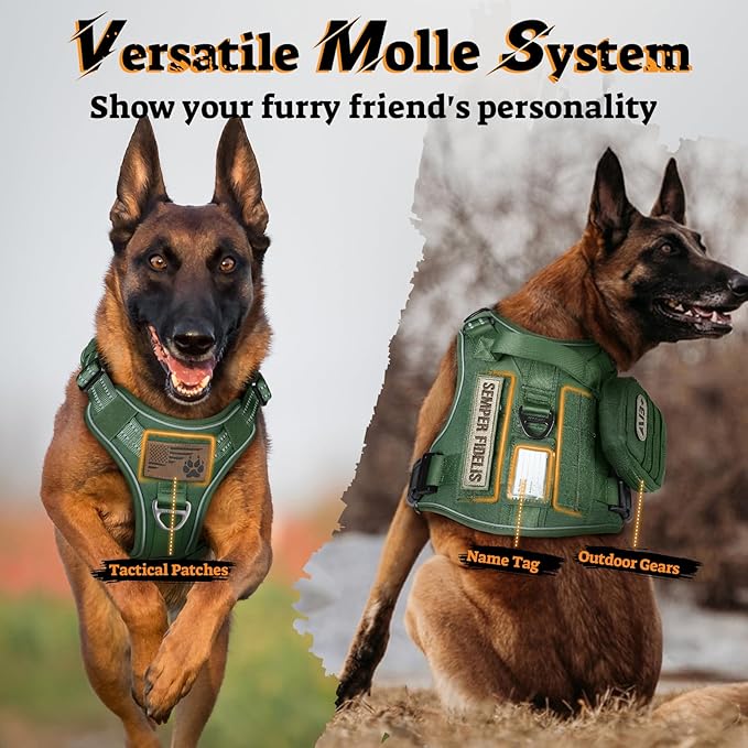 rabbitgoo Tactical Dog Harness for Large Dogs No Pull Adjustable Military Vest with Handle MOLLE Reflective Heavy Duty Dog Vest for Walking Training Hunting Outdoor Working Medium Size Dog Green M