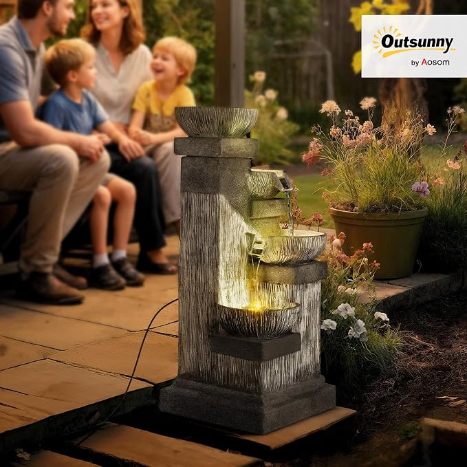 Outsunny 33.5" Tall Outdoor Water Fountain, 4-Tier Floor Standing Resin Cascading Bowls Waterfall Fountain with LED Lights, Pump for Garden, Patio, Backyard
