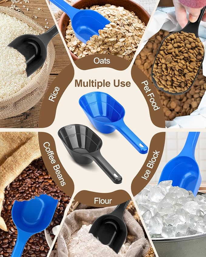 Dog-Cat Food-Scoop Measuring-Cup,1 Cup Capacity Versatile Plastic Pet Food Scoop with Measuring Lines 1 Cup and 1/2 Cup for Precise Portion Control (2, Black and Blue)