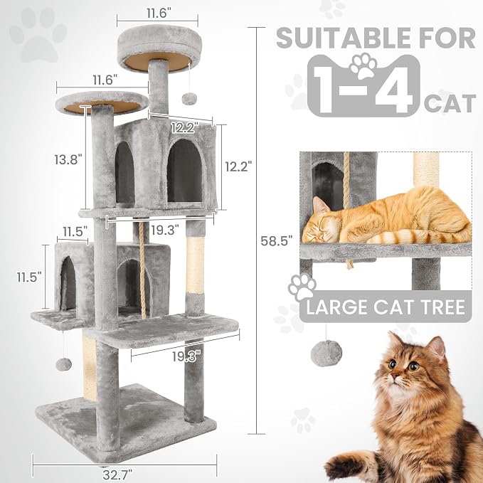 58.5inch Large Cat Tree Tower Condo for Indoor Cats, Soft Plush Multi-Level Climbing Tree Cat House, Scratching Post, More Entrance/Exit, Sisal Rope, Light Grey