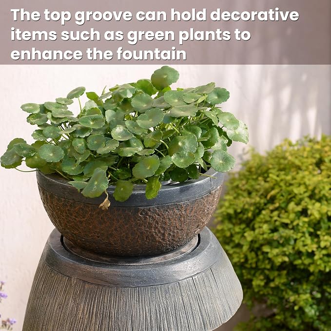 31.9" S-Shaped Outdoor Water Fountain with Lights – Resin Waterfall Fountain Outdoor with Planter Bowl, Modern Grey Garden Water Feature for Patio, Balcony, Yard, Home Decor