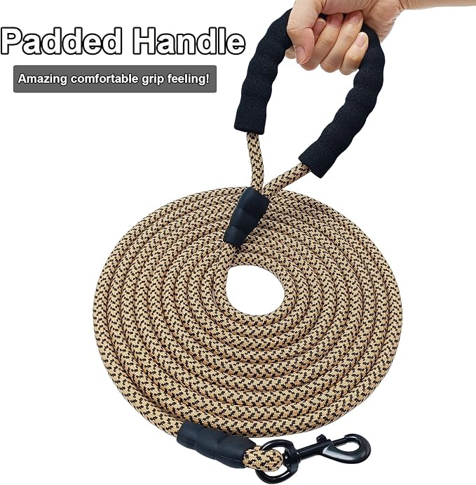 MayPaw 15FT Rope Dog Leash, Long Dog Lead 6/8/10/15/20FT Nylon Pet Leash, Soft Padded Handle Thick Lead Leashes for Large Medium Dogs (Brown, 1/2" * 15')
