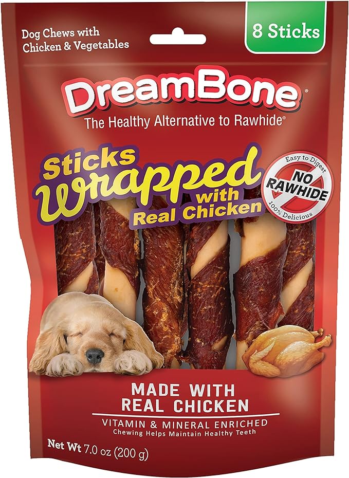 DreamBone Chicken Wrapped Large Stick Dog Treats, Daily Rawhide-Free Chew, Digests Safely and Completely, With Real Protein, Chicken and Veggies, 8 count