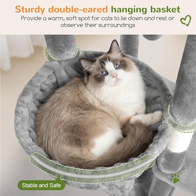 Globlazer Heavy Duty Cat Tree, 73inch Sturdy Cat Tower with Scratching Post for Indoor Multiple Cats, Maine Coon Cat Tree with Cat Perch, Basket, Cat Condo for Adult Cats Kittens, F73C, Light Grey