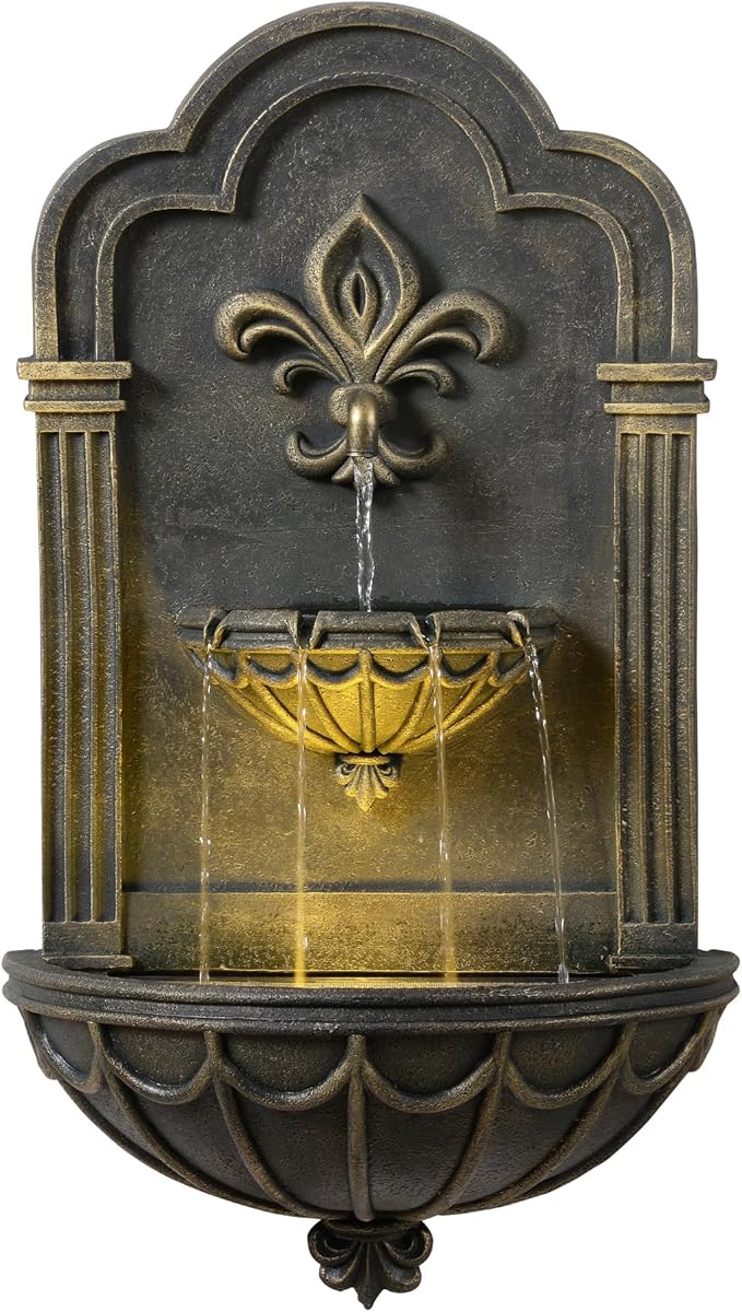 Teamson Home Fleur-de-lis Outdoor Water Fountain–Warm Glow Lighting with Adjustable Flow & Electric Pump, Black & Gold