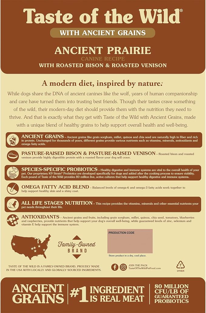 Taste of the Wild Ancient Prairie All Life Stages High Protein Recipe with Roasted Bison, Roasted Venison & Ancient Grains Dry Dog Food 28lb