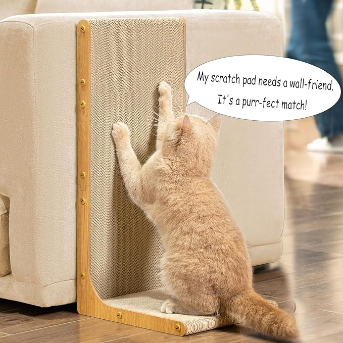 Conlun Cardboard Cat Scratcher, 23" L-Shaped Scratch Pad, Vertical Wall-Leaning Scratching Board to Protect Furniture for Indoor Cats,Wood Grain Large
