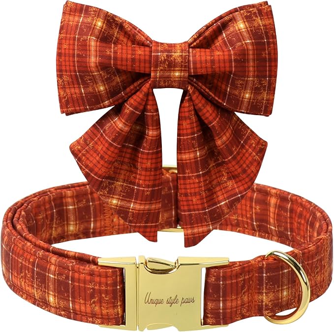 Unique style paws Cartoon Dog Collar with Bowtie Autumn Halloween Plaid Puppy Collar with Orange Brown Grid for Small Medium Large Boys Girls Dogs