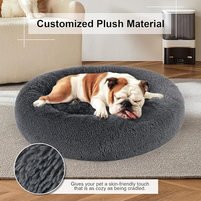 Dog Bed, Cat Calming Bed, Faux Fur Pillow Pet Donut Cuddler Round Plush Bed for Large Medium Small Dogs and Cats (Dark Grey, 23.0" L x 23.0" W x 7.0" Th)