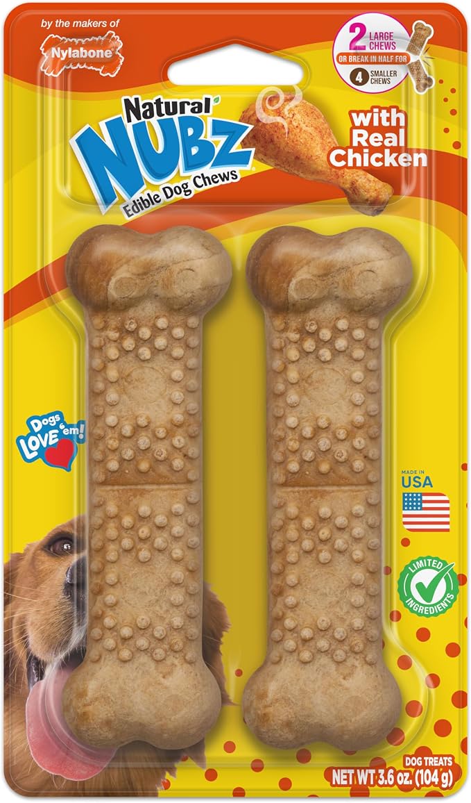 Nylabone Nubz Natural Dog Chew Treats for Large Dogs, Long Lasting Dog Chew Bones Made in the USA, Chicken Flavor Breath Freshener Dental Chews, Large Dog Bones for Dogs Over 30 lbs. (2 Count)